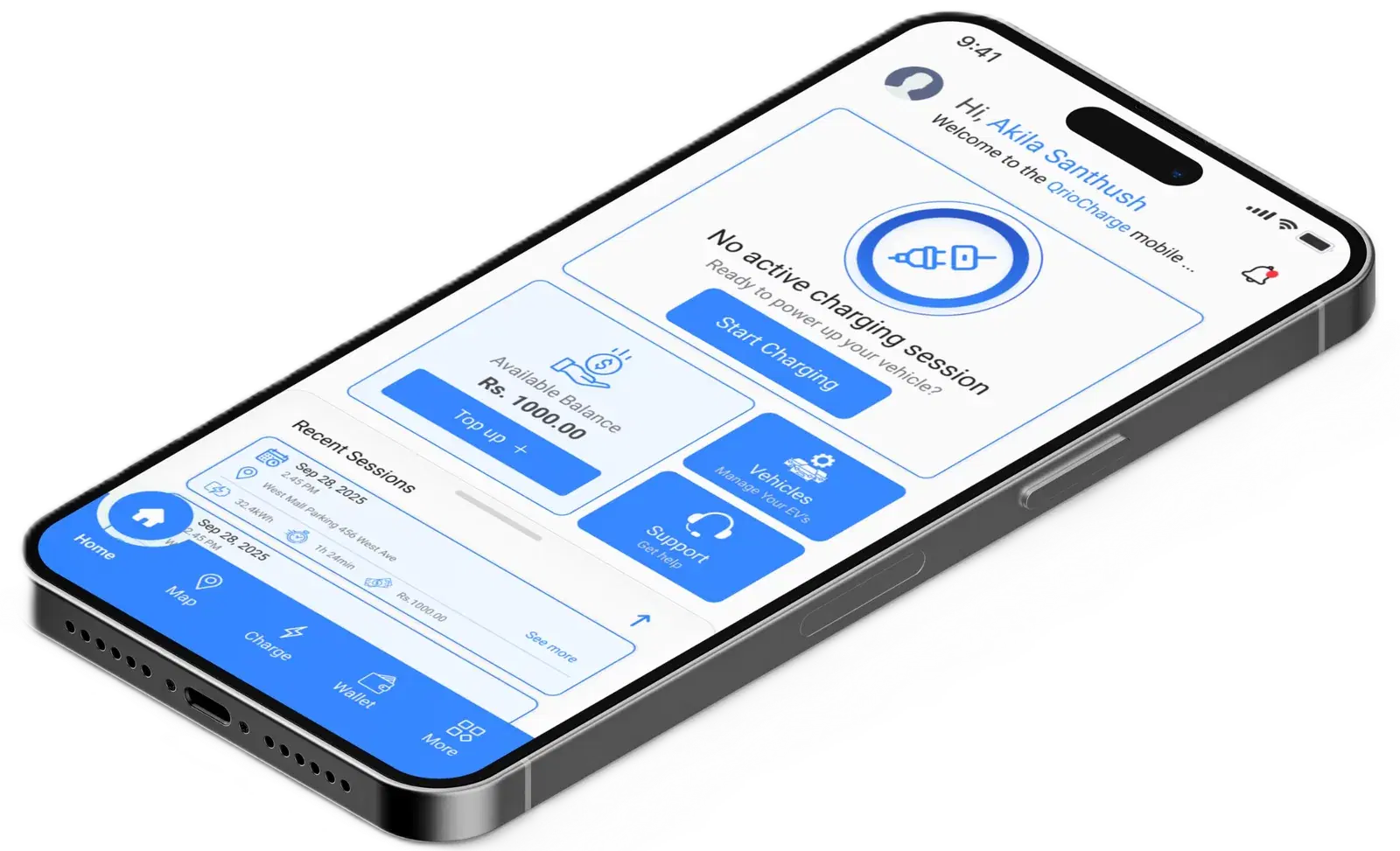 Qrio Charge mobile app showing an active EV charging session