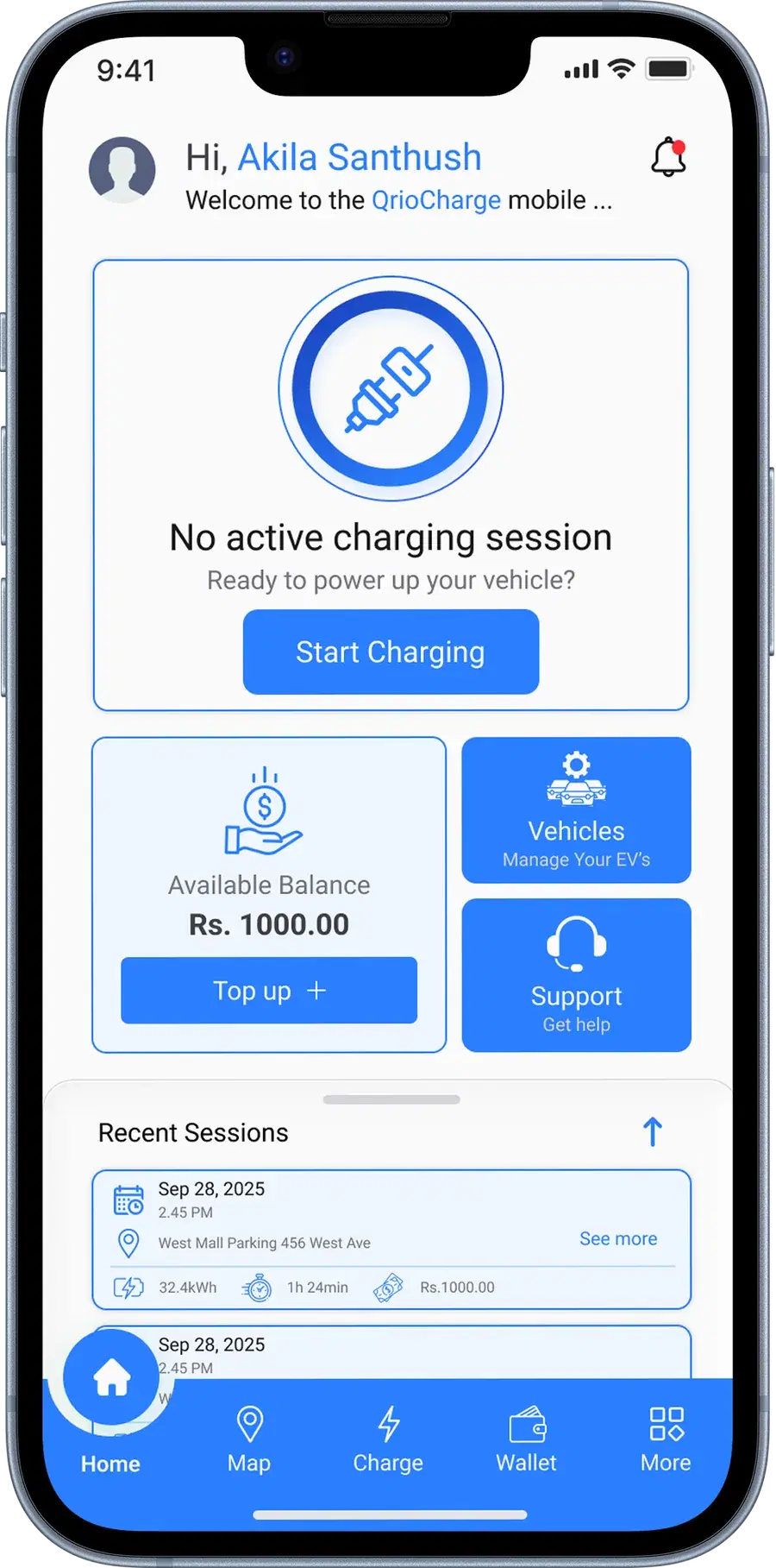 Qrio Charge app home screen on an iPhone