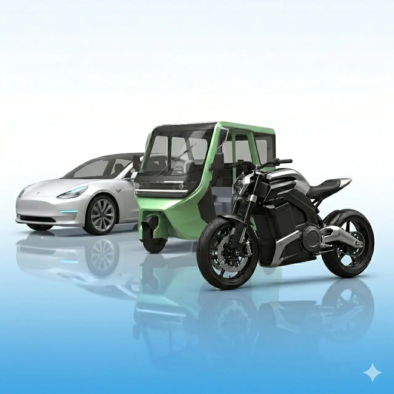 Electric car, three-wheeler and motorbike